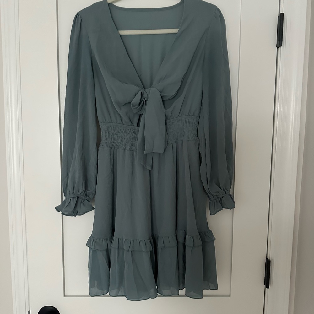 Elegant Sage/Teal Dress with Bow Detail